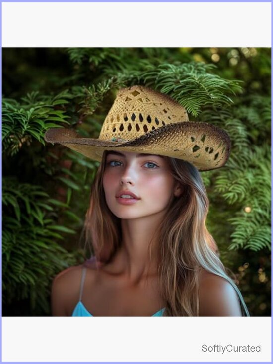 Western Straw Cowboy Hat with Two Decorative Bands and Hair Band, Wide Brim main image 6